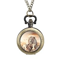African Lion Family Vintage Alloy Pocket Watch with Chain Arabic Numerals Scale Gifts for Men Women