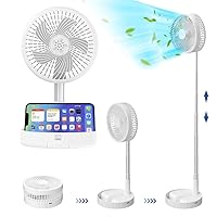 Rotating Travel Fan, Portable Fan Standing Fan with Remote Controller 7200mah Battery Operated Foldaway Fan 4 Speeds Adjustable Height USB White Mobile Phone Holder Fan Small for Room Office Travel