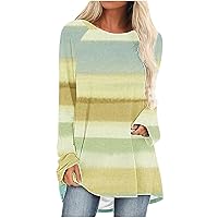 2024 Women Casual Loose Fit Shirts Colorful Stripe Flowy Tunic Tops Long Sleeve Crewneck Blouse Wear with Leggings