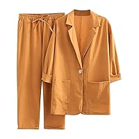 2 Pieces Casual Suit Outfits for Women Cotton Linen Blazer Sets Cuffed 3/4 Sleeve Blazers Jacket & Pants Dressy Set