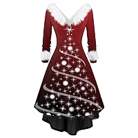 Women's Dresses Casual Fall Fashion V-Neck Casual Fit Christmas Print Party Long Sleeve Dress