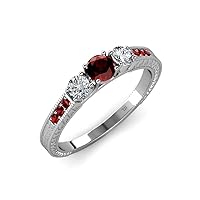 Red Garnet and Diamond 3 Stone Ring with Side Red Garnet 0.90 ct tw in 14K White Gold