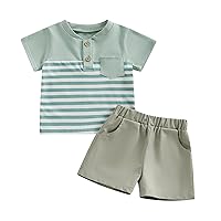 Kupretty Toddler Baby Boy Summer Clothes Retro Stripe Short Sleeve T-shirts + Shorts 3 6 9 12 18 24 Month 2T Clothing Set (Stripe Green, 6-12 Months)