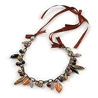 Statement Ceramic, Glass, Acrylic Bead Bronze Tone Chain with Silk Cord Necklace (Brown/Black) - Adjustable