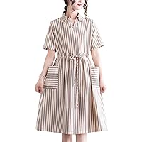 chouyatou Women's Vintage Striped Short Sleeve Drawstring Waist Cotton Linen Midi Long Dress with Pockets
