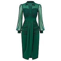 Belle Poque Womens Vintage Dress Mesh Long Sleeve Dress Ruched Dress for Work