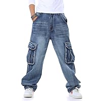 Men's Denim Baggy Pants Denim Casual Work Loose Hip Hop Jeans with Cargo Pockets