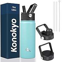 Insulated Water Bottle with Straw,18oz 3 Lids Metal Bottles Stainless Steel Water Flask,Turquoise
