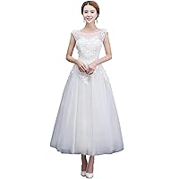 Women's Elegant Sleeveless Tea Length Lace Wedding Dress Prom Gowns