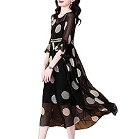 Women's Spring Real Silk Dress,Black Polka Dot Casual Summer Dress
