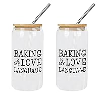 2 Pack Glasses with Bamboo Lids And Straw Baking Is My Love Language Glass Cup Drinking Glasses Mothers Day Gifts Cups Great For for Soda s Whiskey Iced Coffee