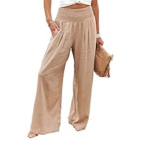 Womens Cotton Linen Pants Wide Leg High Waist Long Palazzo Trousers with Pocket