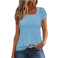 Womens Summer Shirts 2024 Ruched Tops for Women 2024 Solid Color Simple Versatile Loose Fit Casual with Short Sleeve Square Neck Shirts Dark Blue XX-Large
