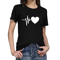 Home Modern Short Sleeve Blouse Ladies Fall Plus Size Round Neck Soft Shirts Lady Thin Fitted Heart Shirt