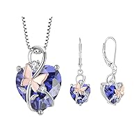Butterfly Heart Necklaces and Earrings Jewelry Set for Women, 925 Sterling Silver Cubic Zirc for Women, 925 Sterling Silver Cubic Zirconia Birthstone Pandent, Anniversary Birthday Gifts for Her