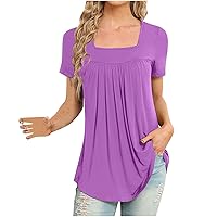 Women's Short Sleeve Square Neck Shirt Solid Color Casual Summer Tunic Tops 2024 Loose Pleated Flowy Blouses for Leggings