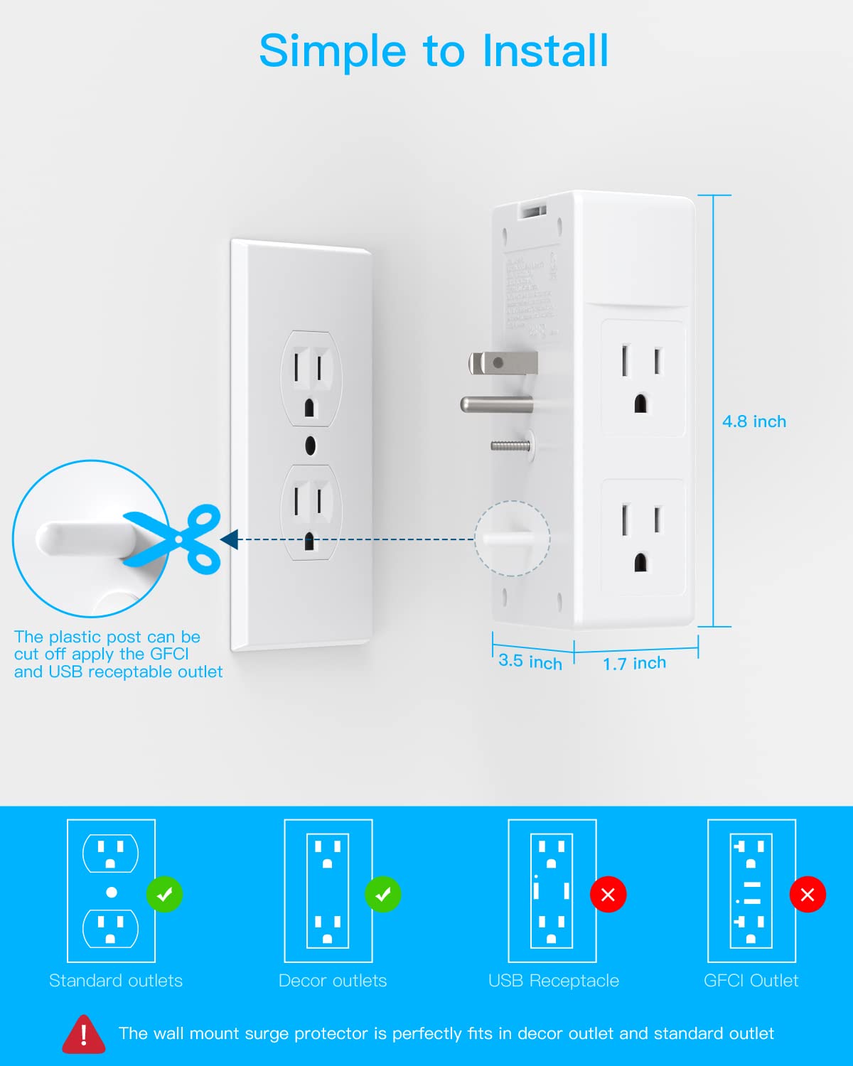Multi Plug Outlet, Surge Protector, 5 Outlet Extender with 4 USB Charging Ports (2 USB C), USB Wall Charger, 3-Sided 1800J Power Strip Outlets Splitter Wall Plug Adapter Spaced for Home Office Dorm