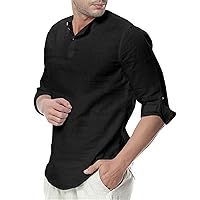Mens Lightweight Linen T-Shirt Hippie Long Sleeve Tops Casual Beach Hawaiian Tee Shirt Plain Button Henley Shirts