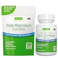 Triple Magnesium Complex 180 Tablets + Zinc Complex Vegan Bundle, High Absorption Chelated Magnesium + 25mg Chelated Zinc Picolinate & Bisglycinate with Copper, by Igennus