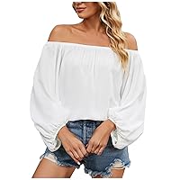 Summer Chiffon Off Shoulder Lantern Sleeve Tops for Womens Fashion Casual Loose Fit Dressy Solid Color Blouses