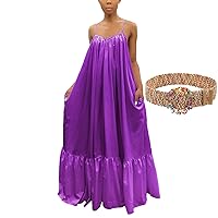 Women's Backless Spaghetti Strap Oversized Maxi Summer Beach Party Swing Dress S-5XL with Adjustable Belt