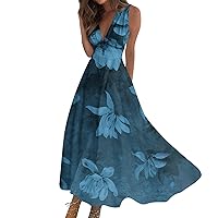 Womens Maxi Dress Wrap V Neck Sleeveless Marble Printed Flowy Swing Sundress Trendy Floral Boho Beach Party Dresses