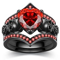 Gothic Black Rose Flower Skull Engagement Ring Set Red Purple Heart-shaped Zircon Crystal Wedding Anniversary Mother's Day Holiday Gift Jewelry