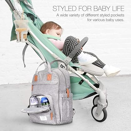 TETHYS Diaper Bag Backpack [Multifunction Waterproof Travel Back Pack] Maternity Baby Nappy Changing Bag Ideal for Mom and Dad, Large Capacity and Stylish Organizer for Baby Care - Gray