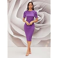 Summer Dresses for Women 2022 Ruched Raglan Sleeve Rib-Knit Solid Bodycon Dress Dresses for Women (Color : Violet Purple, Size : Medium)