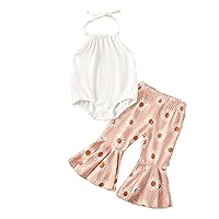 Kaipiclos Toddler Baby Girl Sleeveless Halter Ribbed Solid Romper Sunflower Floral Print Flare Bell Bottoms Pants Outfit