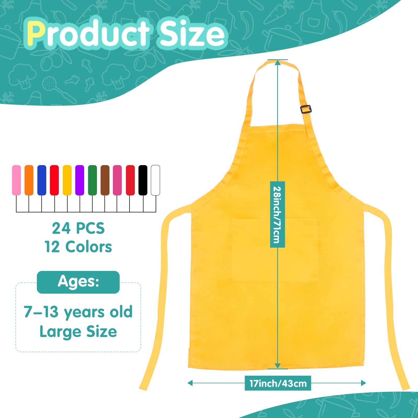 Ecoofor 24 Pieces 12 Colors Kid Aprons Set XL for 7-13 Age Children Chef Aprons Kids Painting for Kitchen Cooking Baking Painting