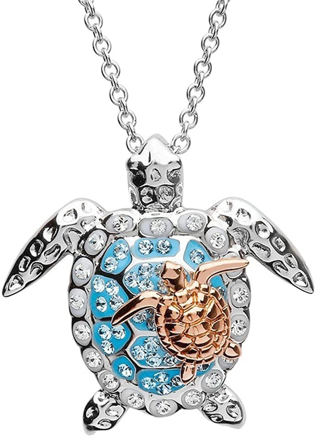 Silver Created Blue Opal Sea Turtle Pendant Necklace, Birthstone Turtle Necklace Jewelry For Women Blue Nice Processed