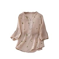 Women's Cotton Linen 3/4 Sleeve V Neck Tunic Top Tees Vintage Embroidery Blouses Casual Summer Flowy Shirts Tops