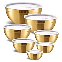 Gold Mixing Bowls with Airtight Lids, Stainless Steel Nesting Mixing Bowls Set of 7, Ideal for Baking, Prepping and Serving Food, Size 7, 3.6, 2.7, 2.1, 1.5, 1.1,0.8 QT, Stackable Design