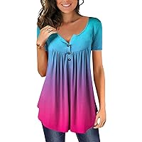 Plus Size Tops for Women Henley Deep V Neck Hem Simple Short Sleeve with Buttons Flury Soft Fashion Tops for Women