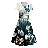 Women's Floral Dresses 2024 Spring and Summer Casual Short-Sleeved V Neck Printed Swing Dress Casual, S-3XL