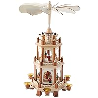 18 Inch Christmas Decoration Wooden Christmas Pyramid with Candle Holders - 3 Tiers - Hand Painted Nativity Figurines (Wooden Nature Color)
