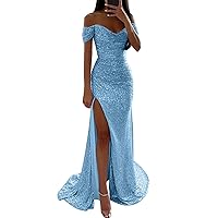 Formal Dresses for Women Evening Party Sexy Off Shoulder Sequins Prom Dresses with High Slit Elegant Maxi Dress