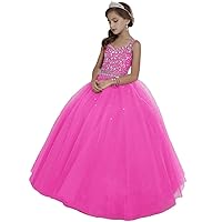 HuaMei Girls' Princess Tulle Beaded Straps Ball Gowns Flower Pageant Dresses