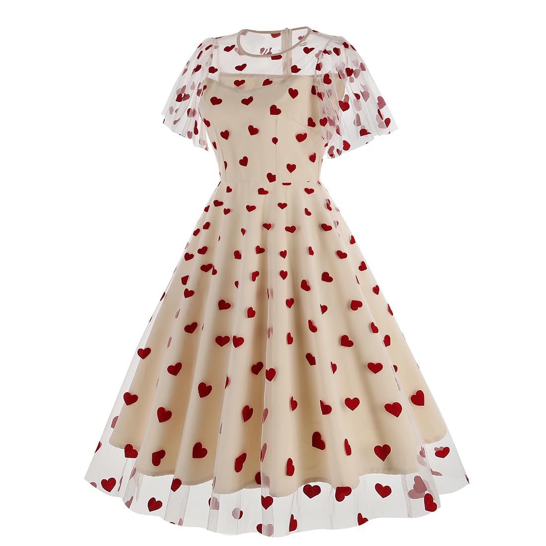 IBTOM CASTLE Women's 1950s Vintage Dress Short Sleeve Heart Print Mesh Retro Evening Prom Cocktail Party Swing A Line Dress