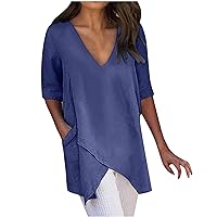 Womens Summer Blouses Comfy Cotton Linene V Neck Short Sleeve Tunic Tops Casual Plus Size Loose Fit Lightweight Plain T Shirt