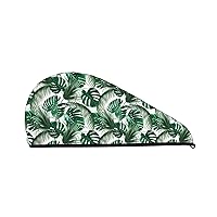 Hair Drying Towels Fast Dry Wrapped Bath Cap with Button Microfiber for Tropical Palm Tree Leaves Green Leaf Hair Towel Wrap for Long Thick & Curly Hair