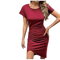 Summer Dresses for Women Casual Crewneck Ruffle Short Sleeve Tshirt Dress Slim Fitted Split Ruched Bodycon Midi Dress