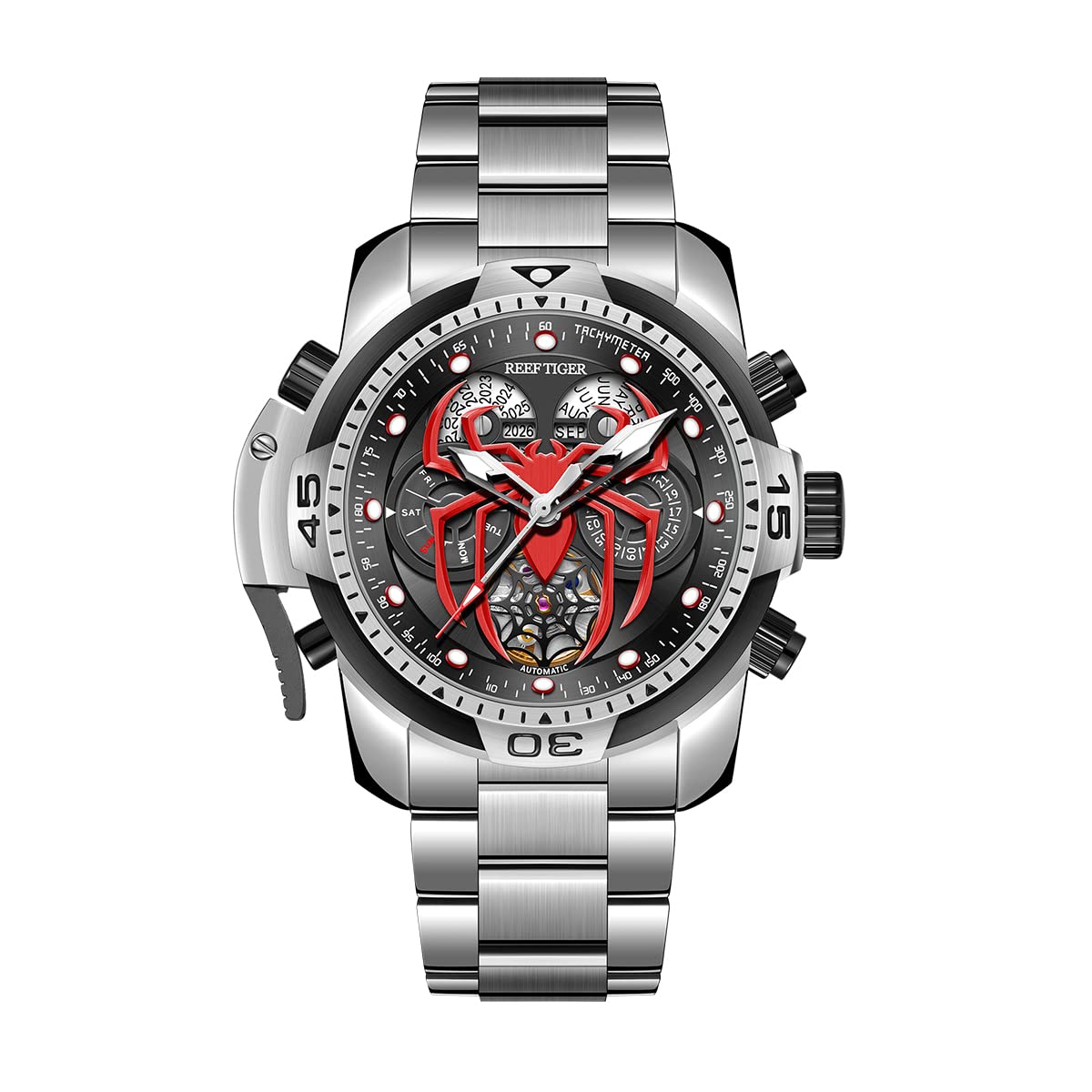 REEF TIGER Fashion Design Sport Automatic Mechanical Watch Spider Dial with Complicated Year Month Calendar Steel Bracelet Watches RGA3532SP