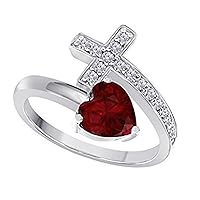 14K White Gold Plated Heart Cut Created Ruby & Cubic Zirconia Christian Sideways Cross Ring Wedding & Engagement Ring Jewelry Free Size