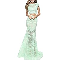 O Neck V Back Mermaid Two Piece Mint Lace Evening Dress Prom Gown