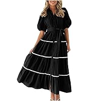 Women Tiered Lace Up Summer Dresses V Neck Button Ruffle Maxi Dress Casual Elegant Puff Sleeve Vacation Dress Boho Sundress