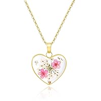 Heart Necklaces for Women - Daffodil Real Flower Necklace - Handmade Daffodil and Queen Anne'S Lace Pressed Flower Resin Necklace - Gold | 18