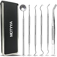 Dental Tools 6 Pack, MOTYYA Teeth Cleaning Tools Professional Dental Hygiene Kit Stainless Steel Dental Picks Oral Care set to Remover Tartar, tooth scraper,Mouth Mirror for home use (6 Tools)