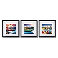 Boat On the Lake Wall Art Canvas Painting Mount Sunset Landscape Print Poster Black Framed off White Matte Artwork Photos Printed On Canvas for Home Decorations Framed Pictures